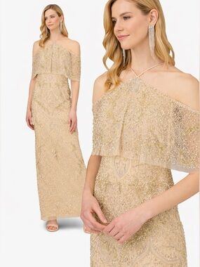 NWT AIDAN MATTOX Adrianna Papell  Cold Shoulder Beaded Halter Column Maxi Gown 6